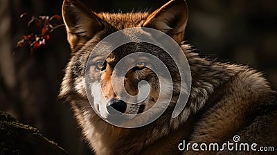 Close up of wolf face stare and observe in the meadow nature background Stock Photo