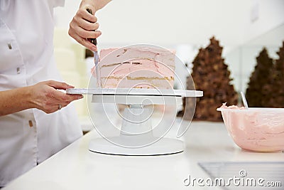 Close Up Of Woman In Bakery Decorating Cake With Icing Stock Photo