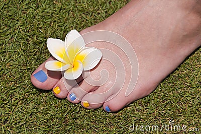 Close up on woman bare foot with frangipani flower Stock Photo