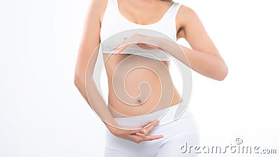 Close up woman beautiful body diet with hands around her stomach Stock Photo