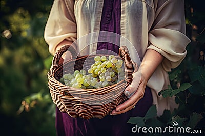 Close-up of woman with casual clothes with hands holding wicker basket full of grapes ripe fresh organic vegetables Stock Photo
