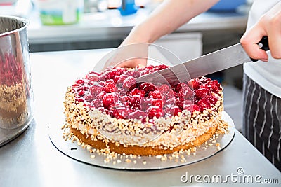 Close-up of woman confectioner cutting raspberry pie Stock Photo