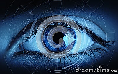 Close up of woman eye in process of scanning. Identification Business Internet Technology Concept Stock Photo