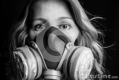 Close up woman eyes of young woman in respirator. Stock Photo