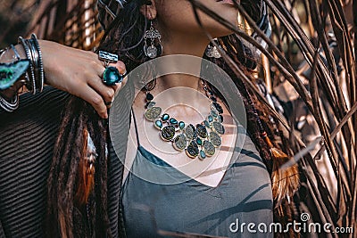 Close up of woman hands with with gem stones accessories outdoors Stock Photo