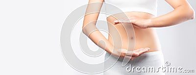 Close up woman hands made protect shape stomach isolated on white background banner size.health care digesting concept Stock Photo