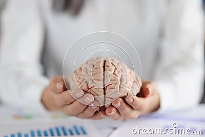 Woman holding on hands two pieces of human brain, female show fullness on person mind Stock Photo