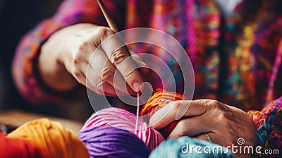 Close up of a woman knitting with yarn, AI Stock Photo