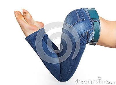 Close Up Of Woman Legs With Jeans And Barefoot Stock Photo - Image ...