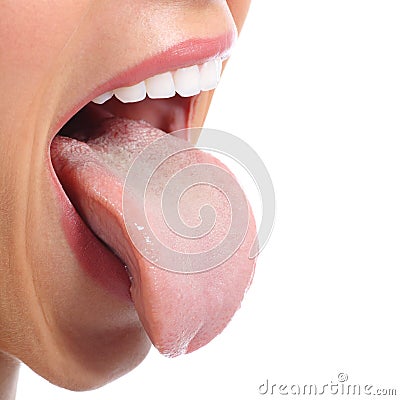 Close up of a woman mouth sticking tongue Stock Photo