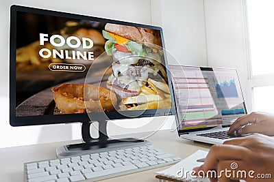 Close up woman ordering food online by internet Concept order Stock Photo