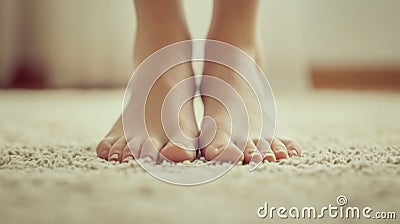 A close up of a woman& x27;s bare feet on the carpet, AI Stock Photo