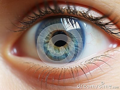 Close-up of the woman's blue eye. A perfect vision and reflection in the eye. View precise and straight to the target. Stock Photo