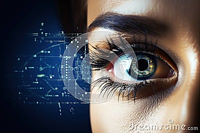 Close up of woman's eye with high tech concept. 3D rendering, Closeup of barbecues cooking grilling on charcoal, top section Stock Photo