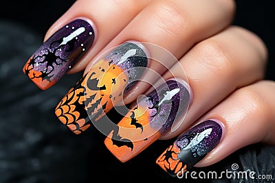 Close up of woman's fingernails with Halloween nail art Stock Photo
