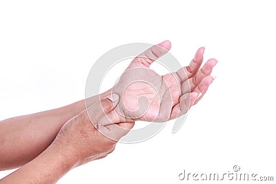 Close up woman's hand holding her wrist isolated on white . Wris Stock Photo