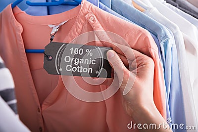 Woman Holding Label Showing 100 Percent Organic Cotton Stock Photo