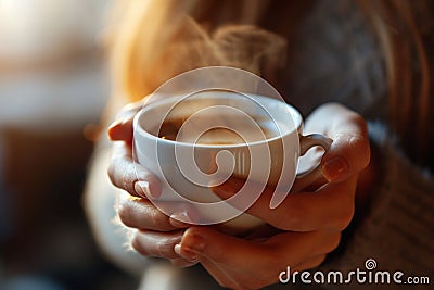 Close-up of a woman's hands holding a steaming cup of espresso, Generated AI Stock Photo