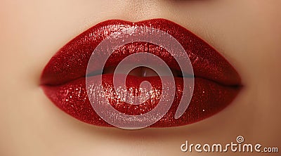 Close-up of woman's lips in bright red color Stock Photo