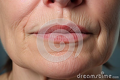 Close up of woman's nasolabial folds and wrinkles around mouth Stock Photo