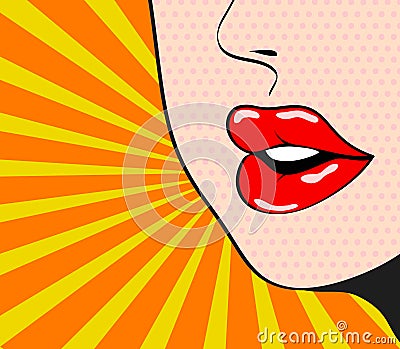 Close up woman`s talking, red lips on bright striped backgr Vector Illustration