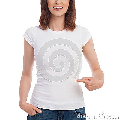 Close Up Of Woman`s Torso In White T-shirt And Pointing Hand Stock Photo