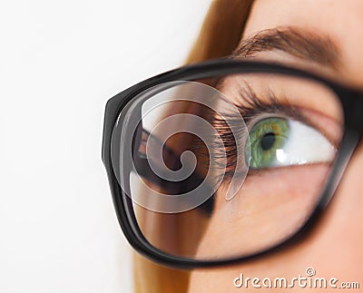 Close up of woman wearing black eye glasses Stock Photo