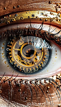 Close-Up of Woman's Eye, Iris Composed of Tiny Clockwork Gears. Generative ai Cartoon Illustration