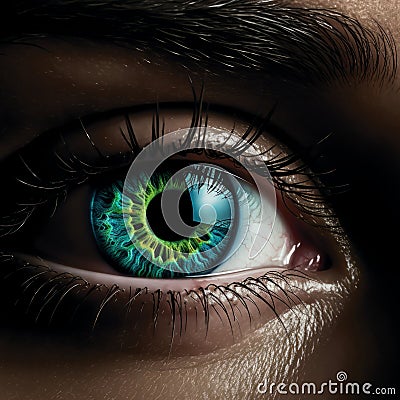 a close up of a womans eye with green eyes Stock Photo