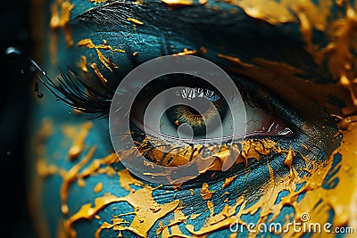 a close up of a womans eye with paint splattered on it Stock Photo