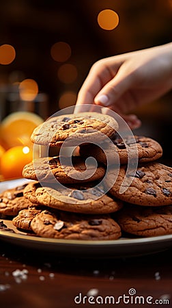 Close up Womans hand reaches for chocolate cookies, balancing them with orange juice Stock Photo