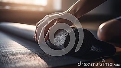 Close up of a womans hands is rolling up exercise mat and preparing to doing yoga. She is exercising on floor mat in morning Stock Photo