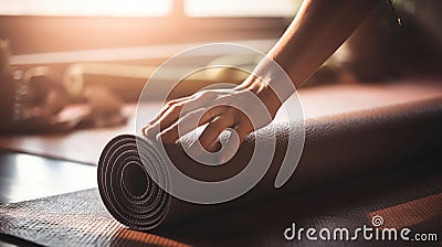 Close up of a womans hands is rolling up exercise mat and preparing to doing yoga. She is exercising on floor mat in morning Stock Photo