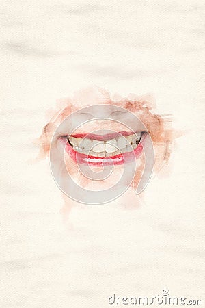 Close-up of womans laughing mouth with red lips Stock Photo