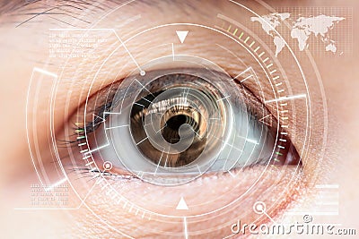 Close up women brown eye scanning technology in the futuristic, Stock Photo