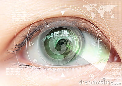 Close up women eye scanning technology in the futuristic, operation, lasik, cataract. Stock Photo