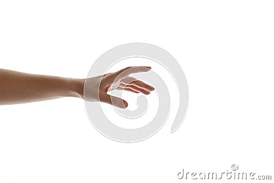 Close up of women hand trying to reach for someone or something isolate on white background. Gesture hand concept. Stock Photo
