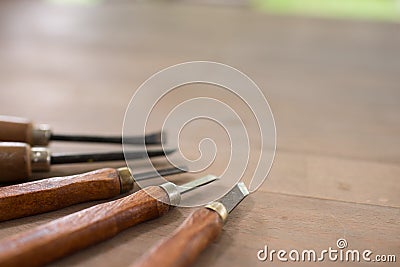Close up wood carving tools Stock Photo
