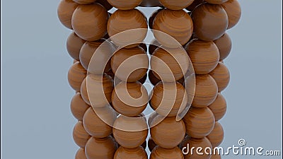 Close up of wooden brown sphere falling inside the falling apart figure of small balls. Design. Shape of balls Stock Photo