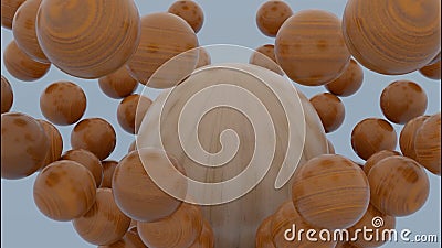 Close up of wooden brown sphere falling inside the falling apart figure of small balls. Design. Shape of balls Stock Photo