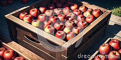 a close up of a wooden crate filled with red apples Stock Photo