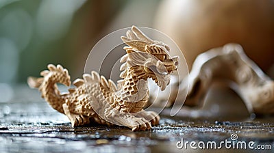 A close up of a wooden dragon toy on the table, AI Stock Photo