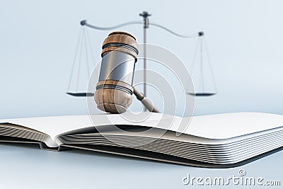 Close up of wooden gavel, scales and book/journal on light blue background. Lawyer, legal, justice and punishment concept. 3D Stock Photo