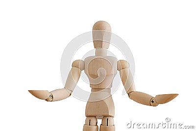 Close-up wooden human figure holding somethings, isolated on white background Stock Photo