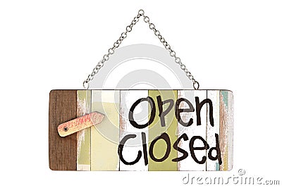 Close up of a wooden sign select open or closed with chain on white background Stock Photo