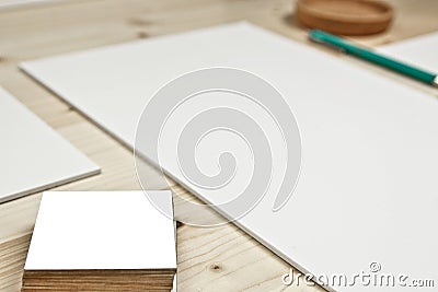 Close up white desk with business cards Stock Photo