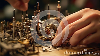 worker's hands assembling components, highlighting the intricate and skilled nature of manufacturing processes Stock Photo
