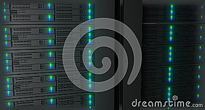 Close up in Working Data Center Full of Rack Servers and Supercomputers. High Internet Visualisation Projection. IT Technician Stock Photo