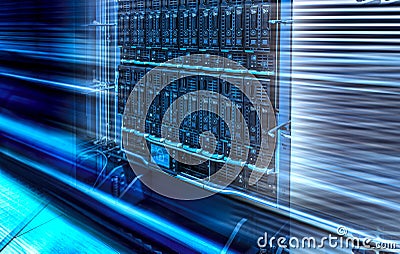 Close up on working data servers hard drive disk storage motion effect 3d rendering Stock Photo