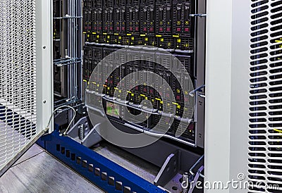 Close up on working data servers hard drive disk storage Stock Photo